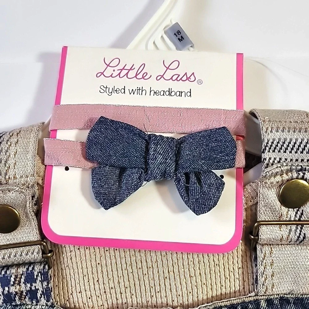 Little Lass Baby Girl Size 18M Denim Jean Bib & Plaid Dress-Bodysuit & Headband
